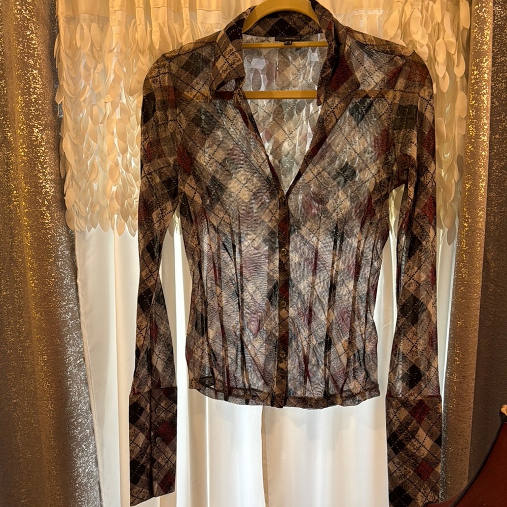 Plaid Button-Up Women's sheer Top- nicely stretchy